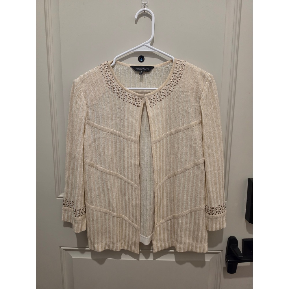 Ming Wang Knit Cardigan Womens Small Gold Studded Metallic Open Front